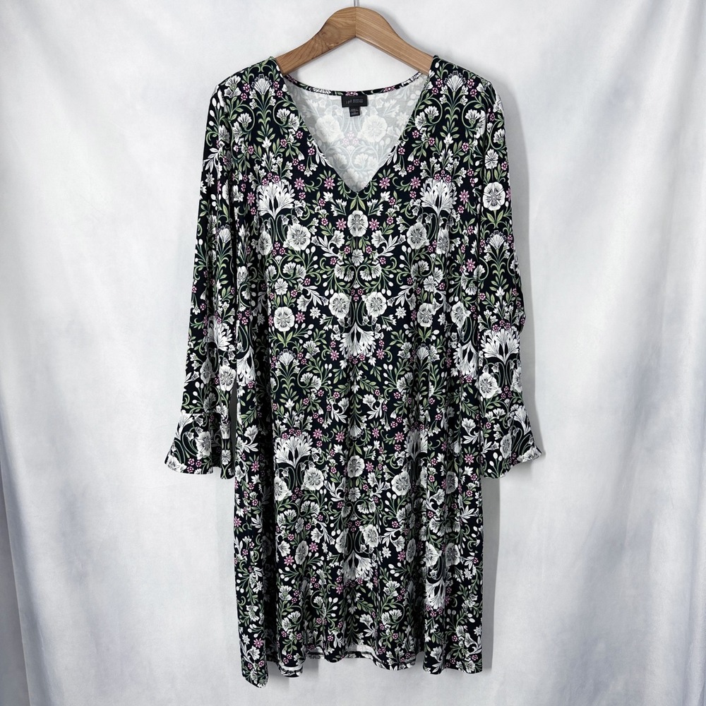 J. Jill 3/4 Sleeve Floral Black Jersey Knit Pull-over Dress Women's Size 2X